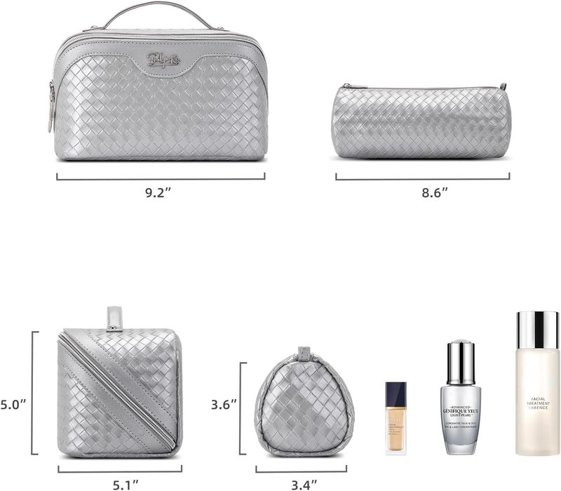 BOYATU Travel Makeup Bag Cosmetic Bags for Women: Large Capacity 3 Pcs Set Make up Bag with Compartments - Waterproof Vegan Leather Toiletry Organizer Bags with Handle (L34 Silver) - Image 5